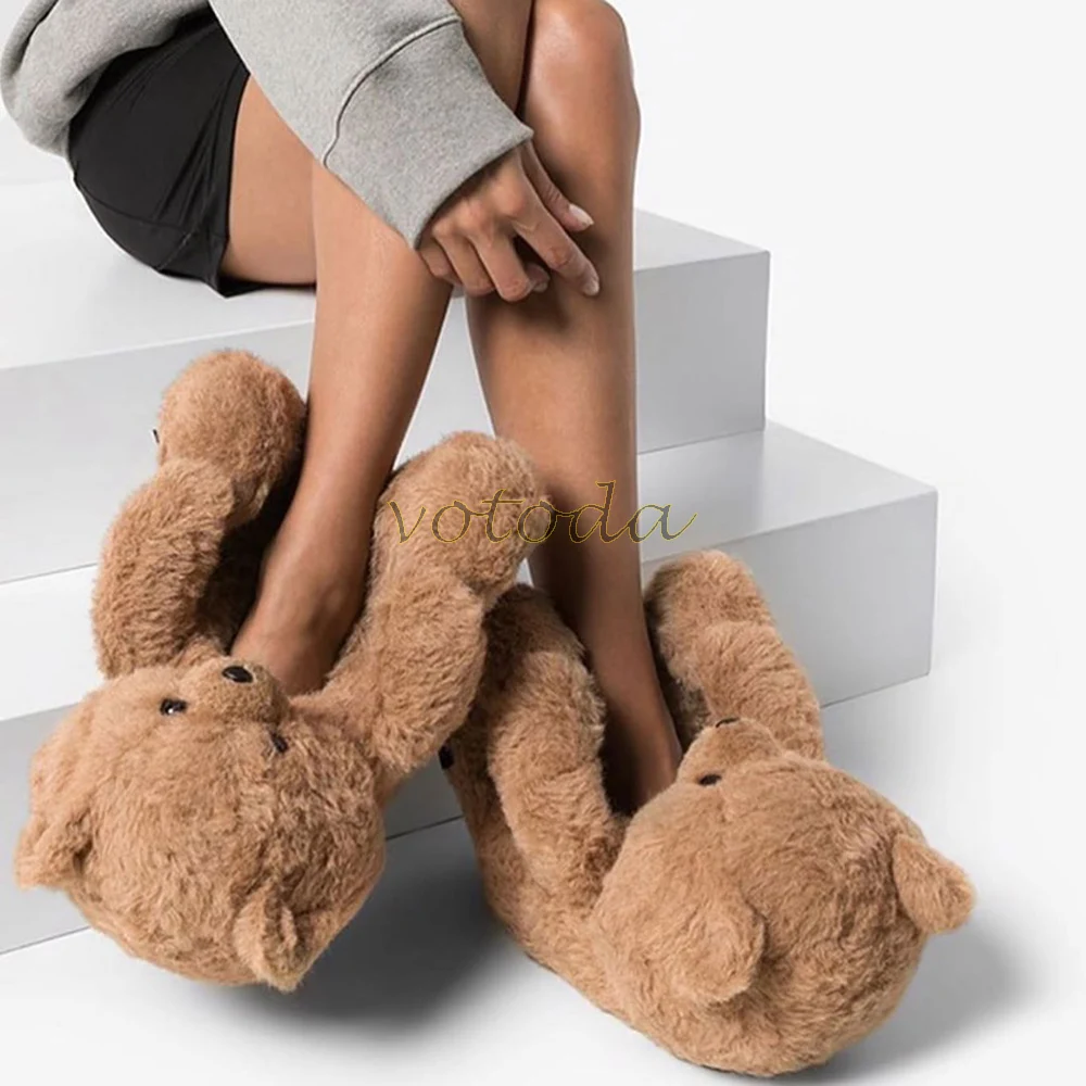 Zapatillas de felpa de oso de peluche para mujer, Zapatillas de casa con dibujos animados, cálidas y peludas, de piel sintética, para invierno