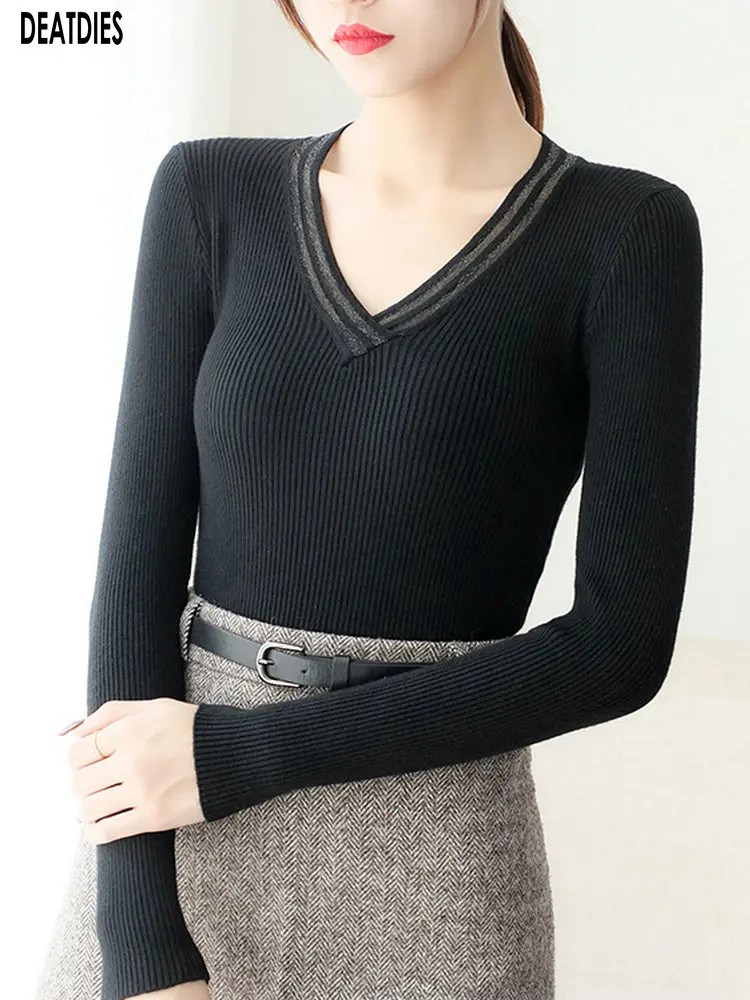 

New Ladies Sweaters Casual Solid Autumn Winter V-Neck Fashion Sweater Women Long Sleeve Femme Knit Pullover Woman Slim Tops 2019