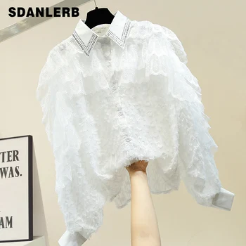 

Lace Blouse Womens 2020 Spring Single-Breasted Retro Hot Drill Lapel Shirt Womens White Shirts Ladies All-match Tops Blusas