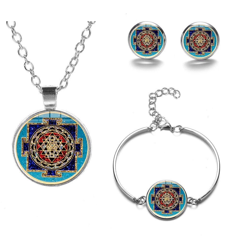 SONGDA индийские Sri Yantra Sacred Art геометрические Ювелирные наборы Серебряная цепочка