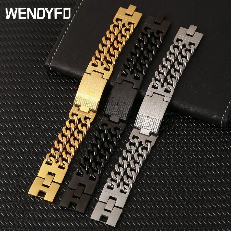 

2019 Punk Jesus Cross Bracelets For Men Gold Color Stainless Steel Bracelet Charm Bangle Double Hand Chain Men Jewelry Wristband