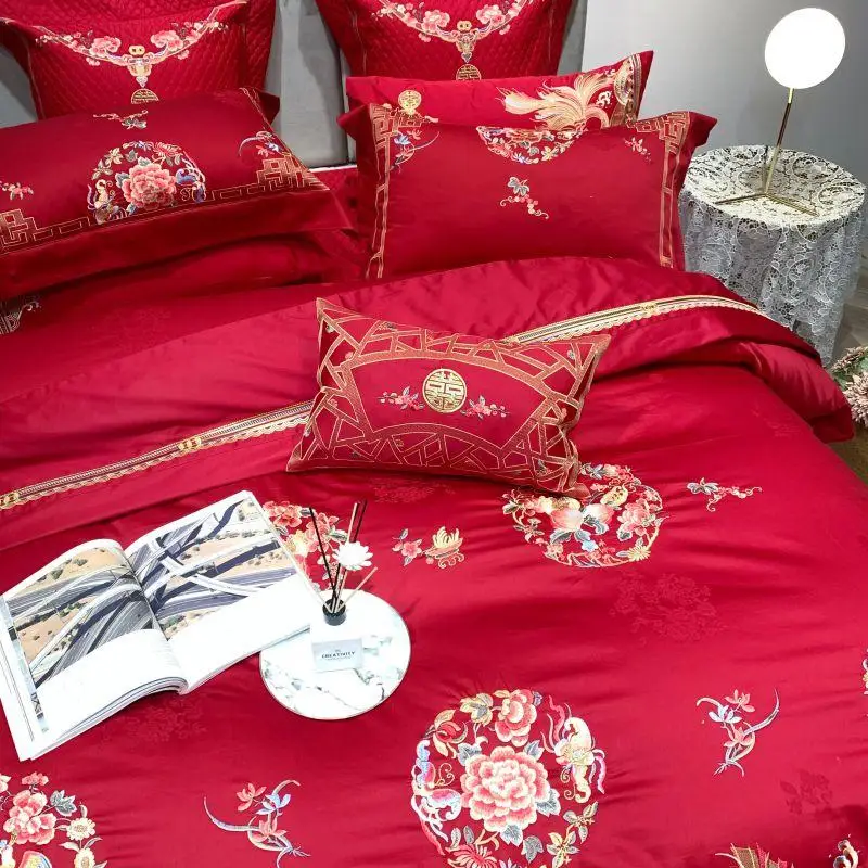 Century wedding Bedding Set red embroidery Bed Set 100S Long-staple cotton Duvet Cover Set Queen King size Bed Sheet Pillowcases