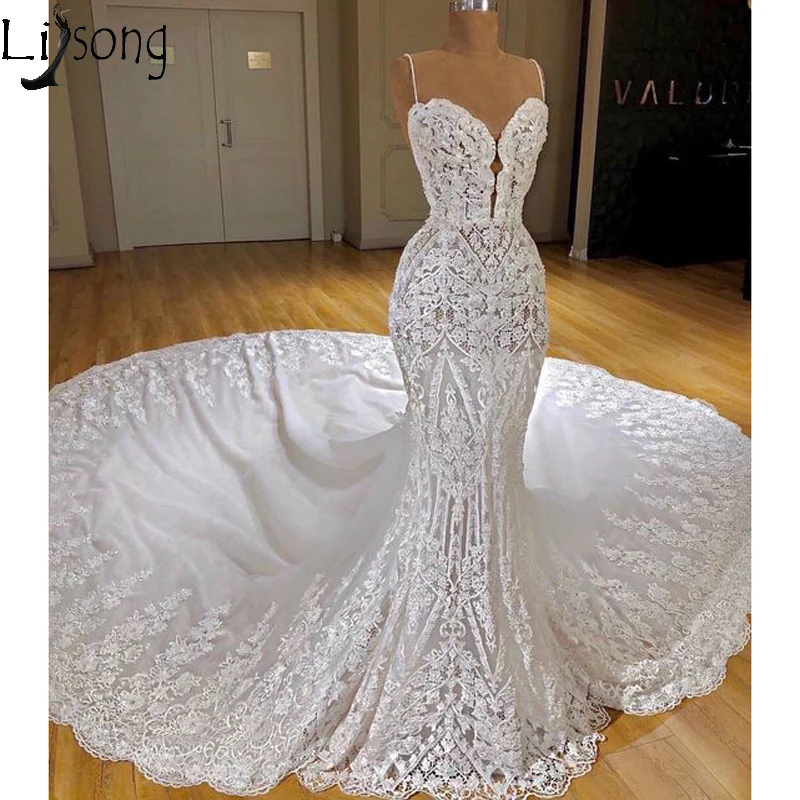 Vestido de noiva 2019 кружевное свадебное платье русалки на тонких бретелях Роскошные
