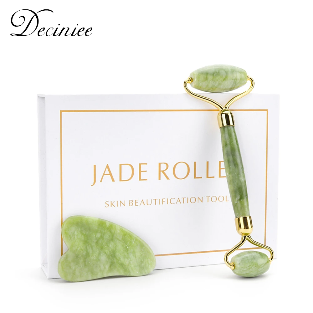 Natural Jade Facial Roller Gua Sha Set Scraping Board Green Jade Stone