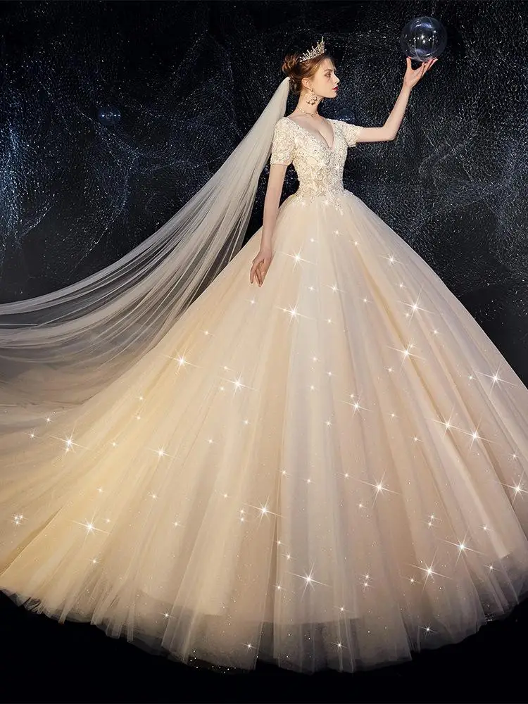 Бальное свадебное платье Сверкающее блестящее свадебное платье в стиле бохо аппликация с цветами тюль - Цвет: dress with 1m train