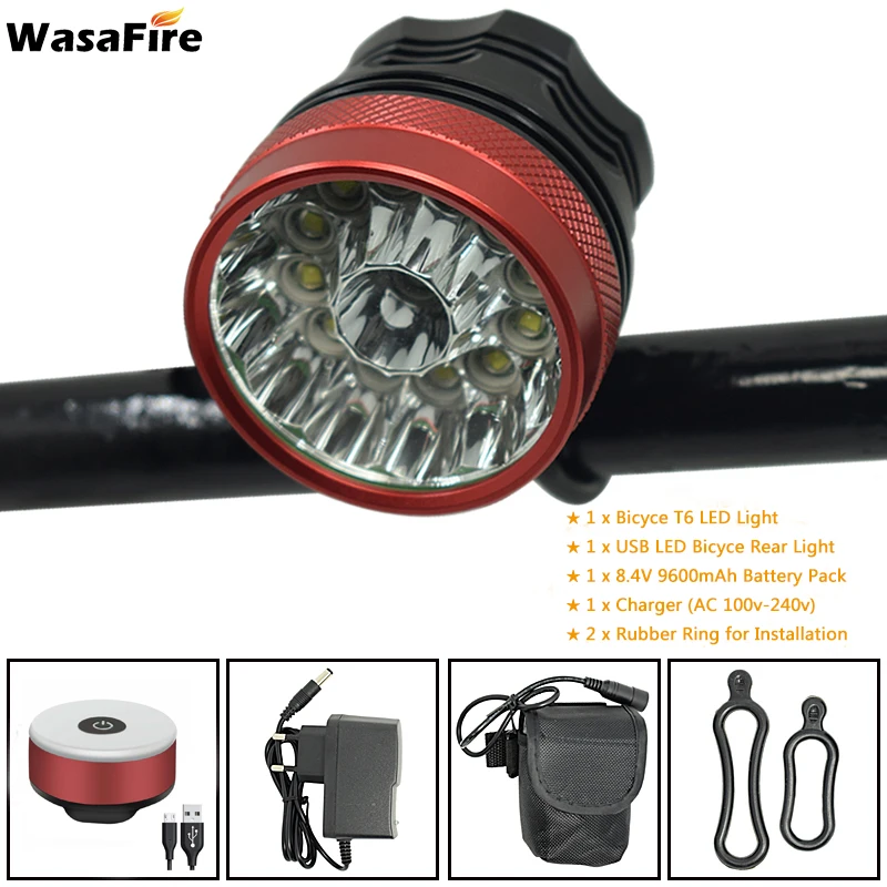 red red taillight WasaFire 13* XML-T6 светодиодный велосипедный спорт Велоспорт Передний светильник 18650 Батарея велосипедный головной светильник фонарь вспышка светильник+ Возможность зарядки при помощи разъема USB, задний хвост светильник s - Цвет: red red taillight