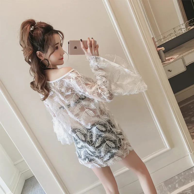 

Bikini Bathing Suit Women's Three-piece Set-Underwire Push up Elegant Long Sleeve Feather Blouse Fashion Slimming Split Type Swi