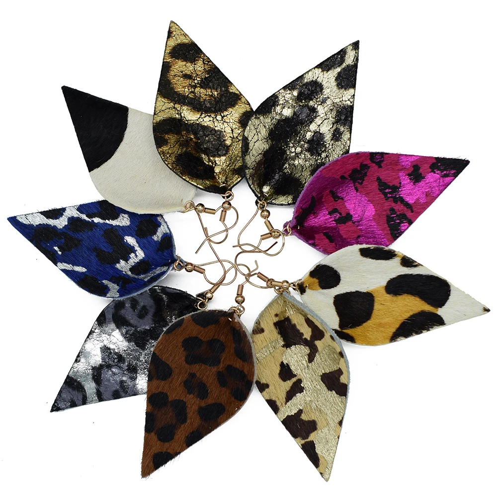 KARAIRIS 100% Genuine Cowhide Leather Earrings Caramel Leopard Cheetah Print Leaf Shape Dangle Drop 35x80mm Women girl gift | Украшения и