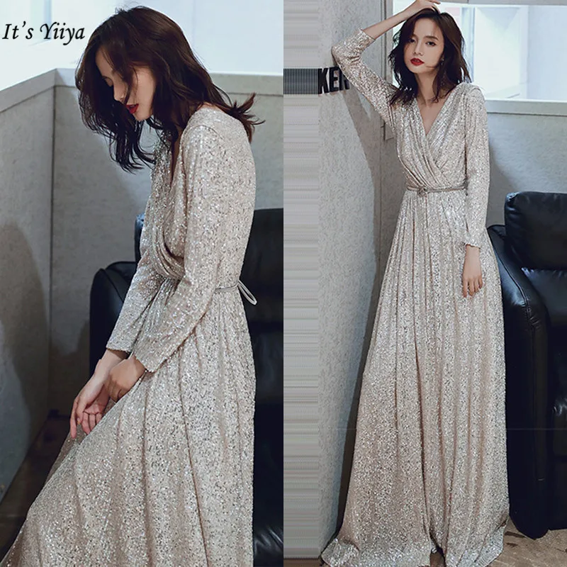

Sequined Evening Dresses It's Yiiya K027 Elegant Plus Size Robe De Soiree V-neck Evening Dress Long Sleeves A-line Evening Gown