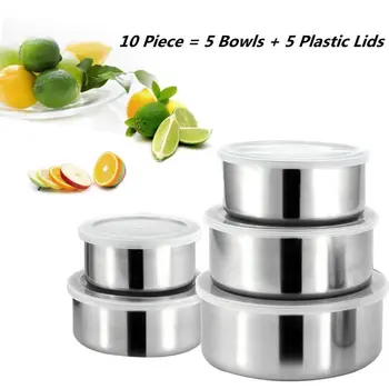 

0PCS Mixing Stainless Steel Bowl --5 Food Storage Bowls +5 Plastic W/Lids Set