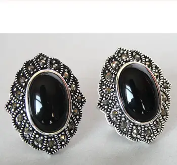 

Hot Sell VINTAGE 925 SILVER NATURAL BLACK Natural jade MARCASITE EARRINGS 1"