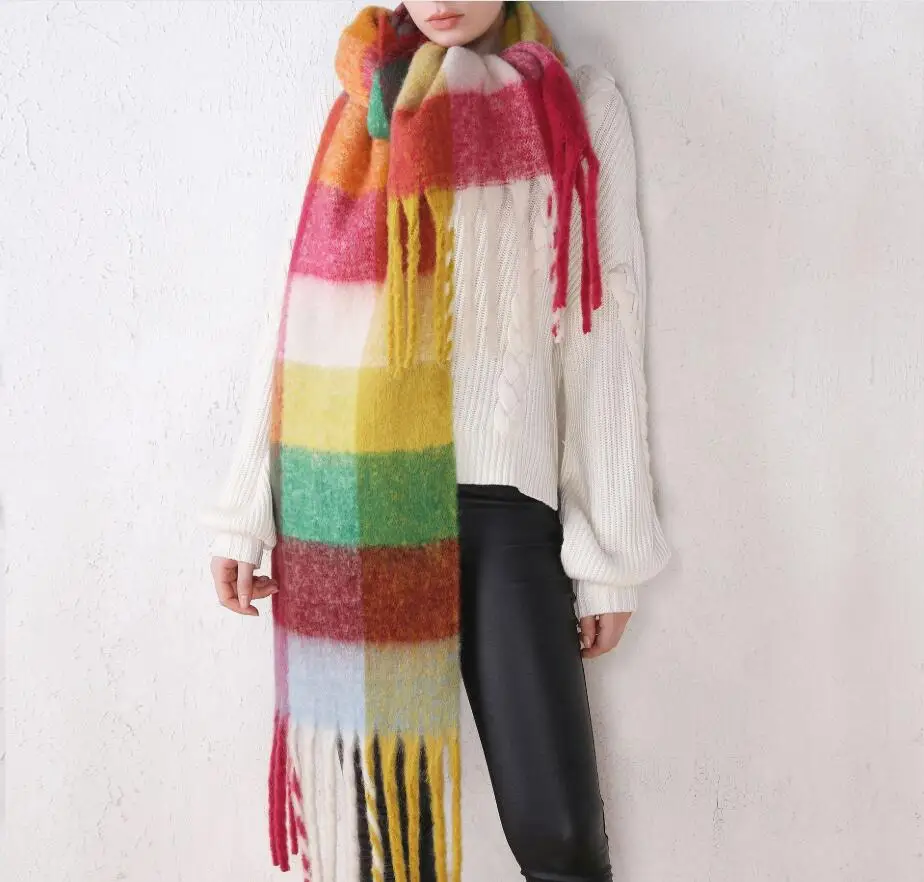 Winter Scarf Women Cashmere Warm Pashmina Multicolour Foulard Female Scarves Wraps Thick Soft Bufanda Stripes Shawl Long Stole