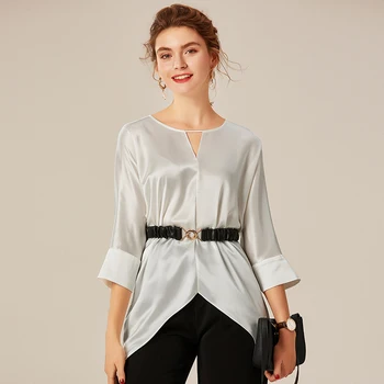 

Spring Autumn Women Acetate Blouse Tops Elegant O-neck Three Quarter Sleeve Solid Asymmetrical Fashion Office Lady Satin Shirt