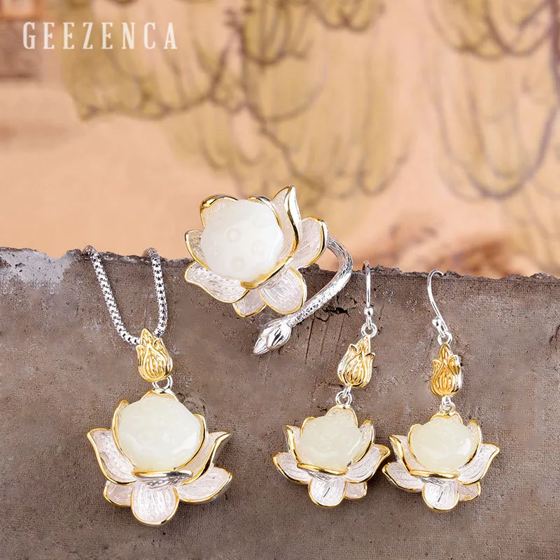jewelry sets 925 пробы Серебряный Драгоценный Камень Хотан нефрит комплект ювелирных изделий подвески серьги кольцо ручной работы цветок лотоса бутон ювелирные изделия для женщин Винтаж - Цвет камня: jewelry sets