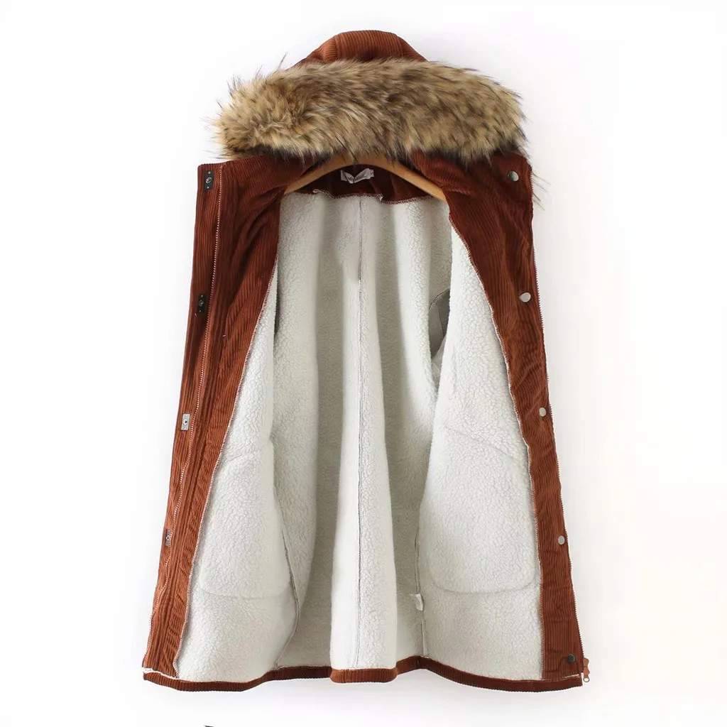 Модная женская Вельветовая куртка-парка, однотонная шерстяная с капюшоном, большой меховой воротник размера плюс, зимняя Осенняя длинная теплая куртка, пальто, верхняя одежда