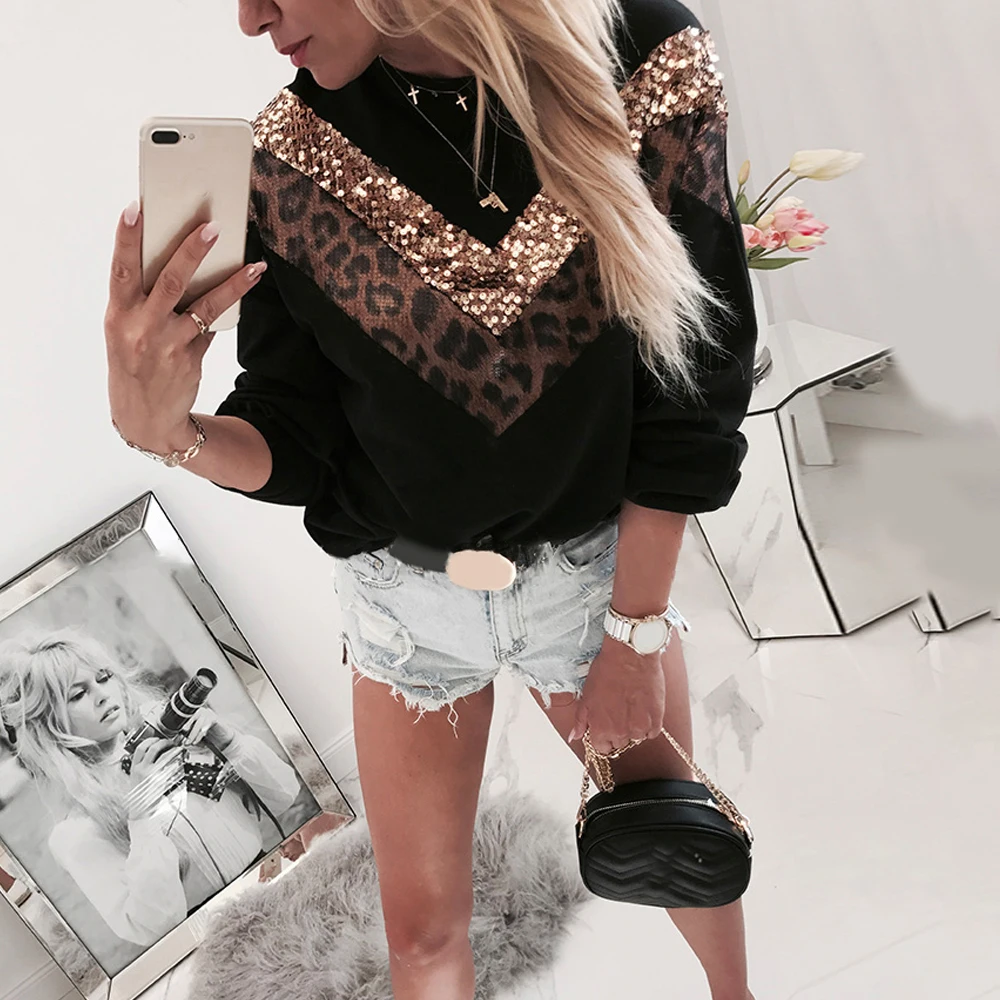  Sequin Lady Blouse And Shirt Patchwork White Black Women Shirt Top Long Sleeve Autumn Fashion Leopa