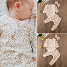 Комплект из 3 предметов для новорожденных и маленьких девочек; топы с длинными рукавами и v-образным вырезом; комбинезон; штаны; повязка на голову; комплект одежды; костюм;