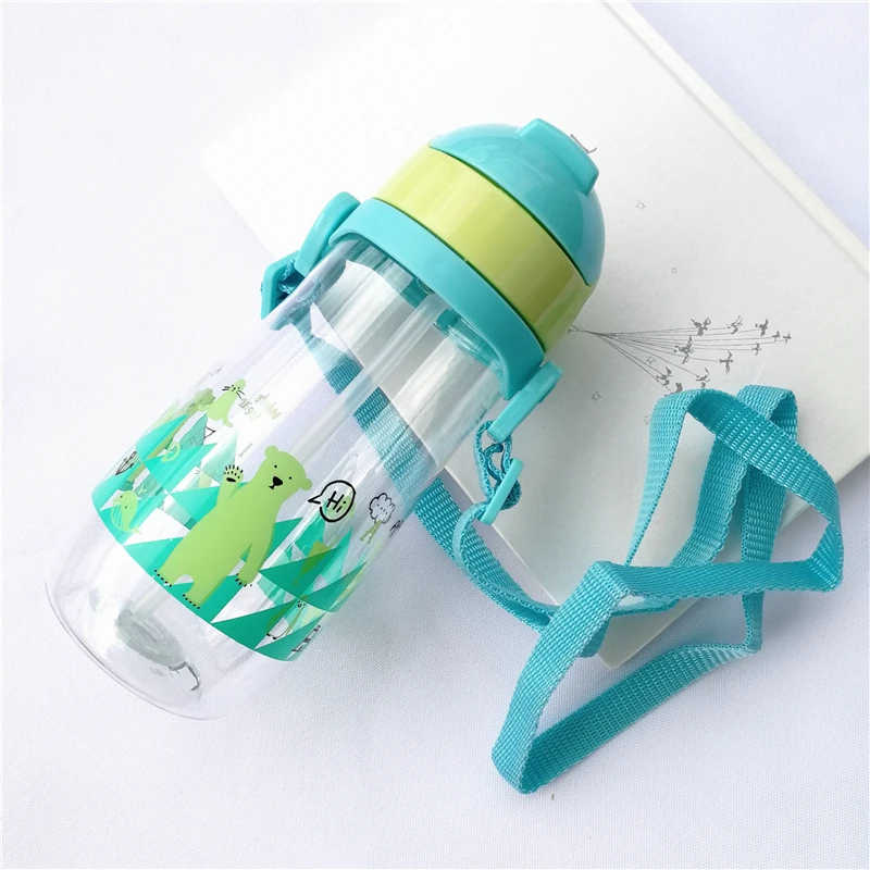 230/450 мл Детская школьная соломенная бутылка для питьевой воды с изображением животных из мультфильмов, детская чашка с ремешком на плече