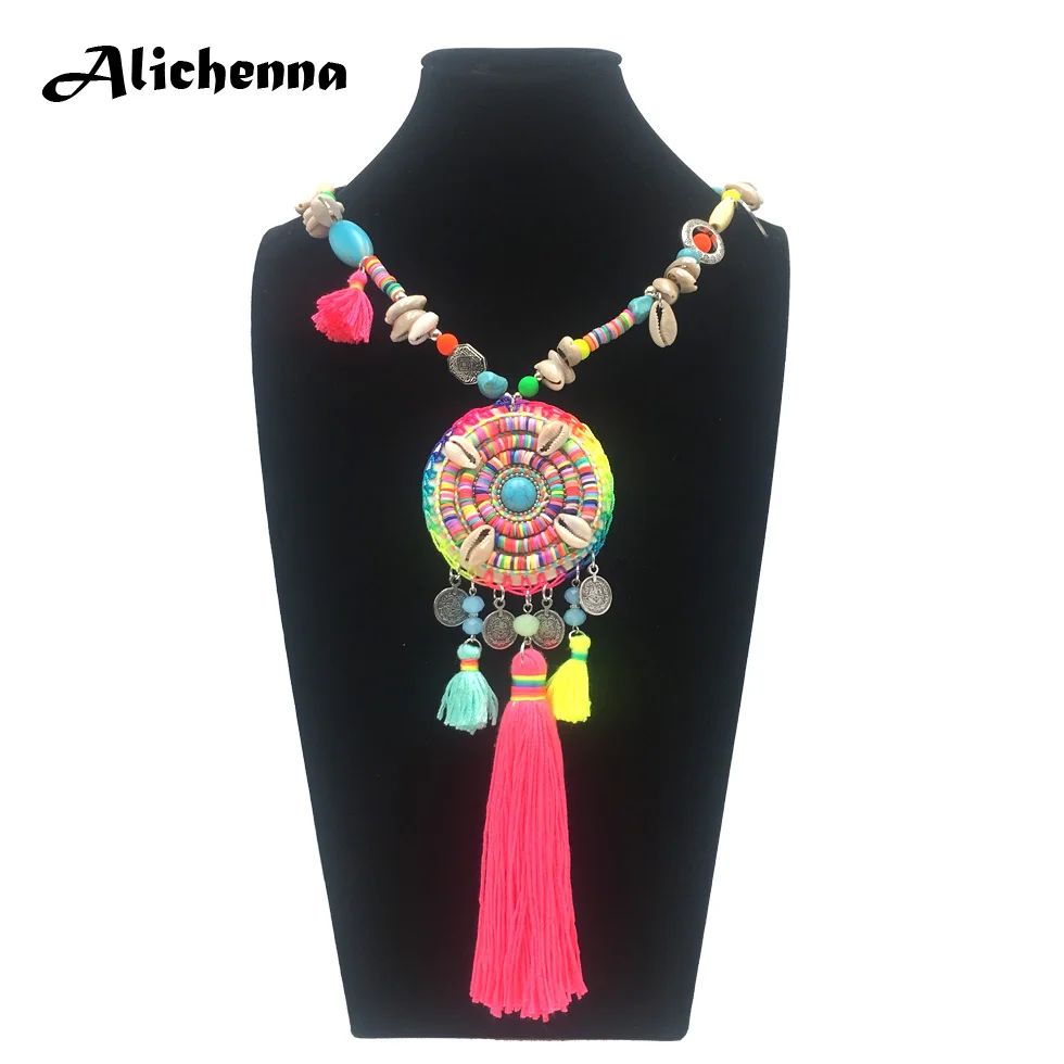 

Hot Women Long Necklace Statement Bohemian Boho Vintage Enthic Punk Style Colorful Wooden beads Shell Tassel Pendant Necklace