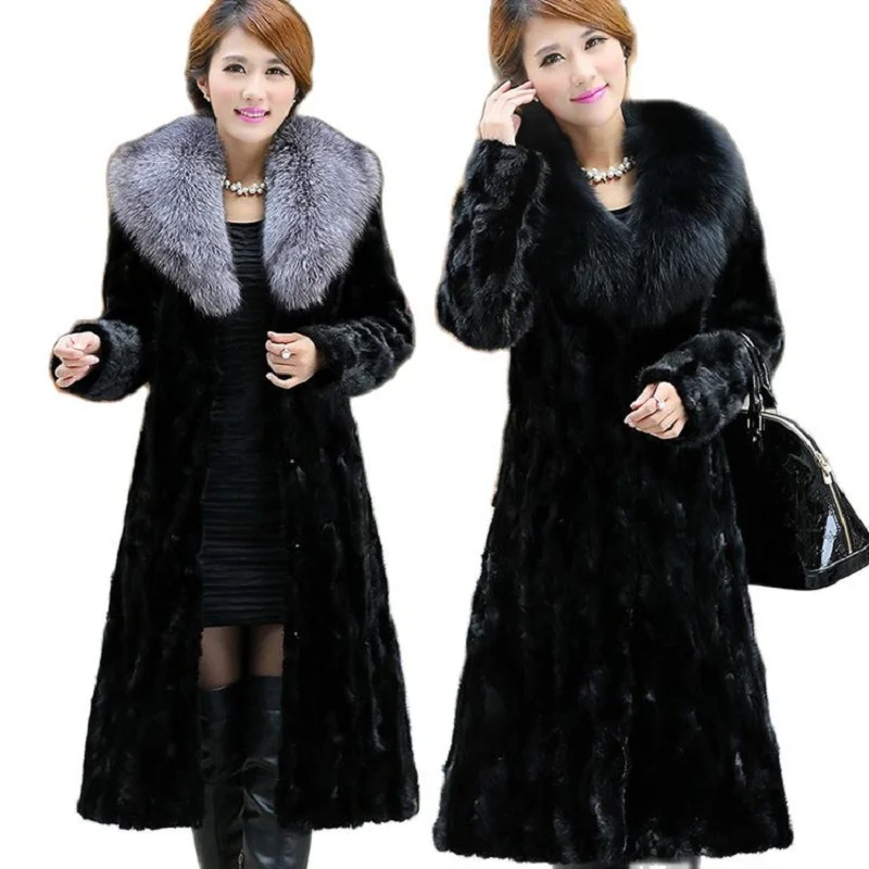 

S-6XL Europe and America faux fur Coat Winter long Trench Coat Mink fur Coat fox Fur collar women's clothing