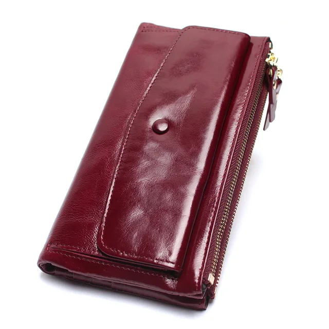 Женский двойной бумажник для мобильного телефона из натуральной воловьей кожи, длинный женский клатч на молнии, Дамский высококачественный кошелек из натуральной кожи - Цвет: dark wine red