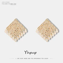 Yhpup модные блестящие кубического циркония серьги-гвоздики покрытые стразы кисточкой Медь S925 Brincos Boucle D'Oreille Femme