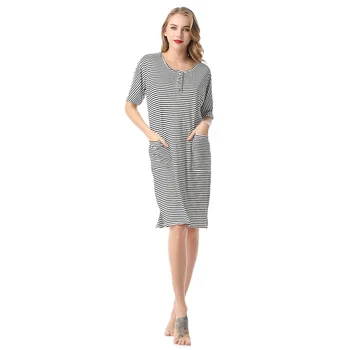 

Summer New Ladies Striped Hem Split Nightdress Short-sleeved O-neck Button Pocket Simulation Silk Simple Sleepwear Home Dress