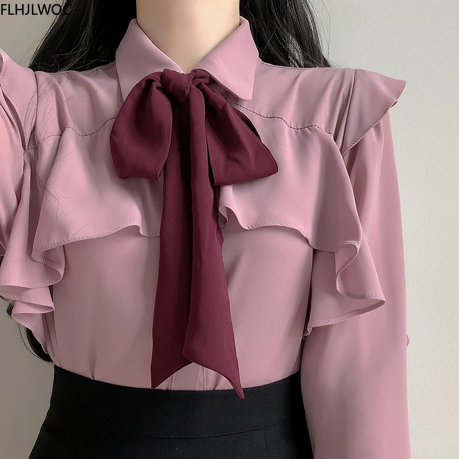 Ruffled Bow Tie Top Autumn Basic Office Lady Work Wear Flare Sleeve Cute Women Single Breasted Button Solid White Shirts Blouses 3