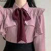 Ruffled Bow Tie Top Autumn Basic Office Lady Work Wear Flare Sleeve Cute Women Single Breasted Button Solid White Shirts Blouses 3