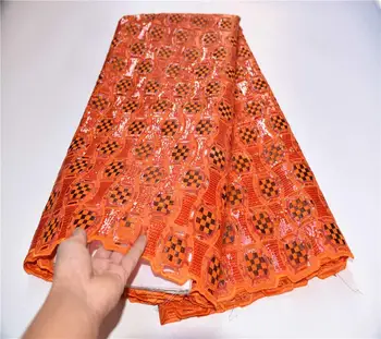 

African Organza Lace Fabric Wholesale Orange French Lace Fabric 2020 High Quality Nigerian Tulle Sequins Lace Fabric PSA947-1