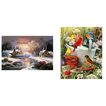 

2 Set Diy Diamond Painting Rhinestone Home Decor Square Diamond - Flowers and Birds & Snow Cottage