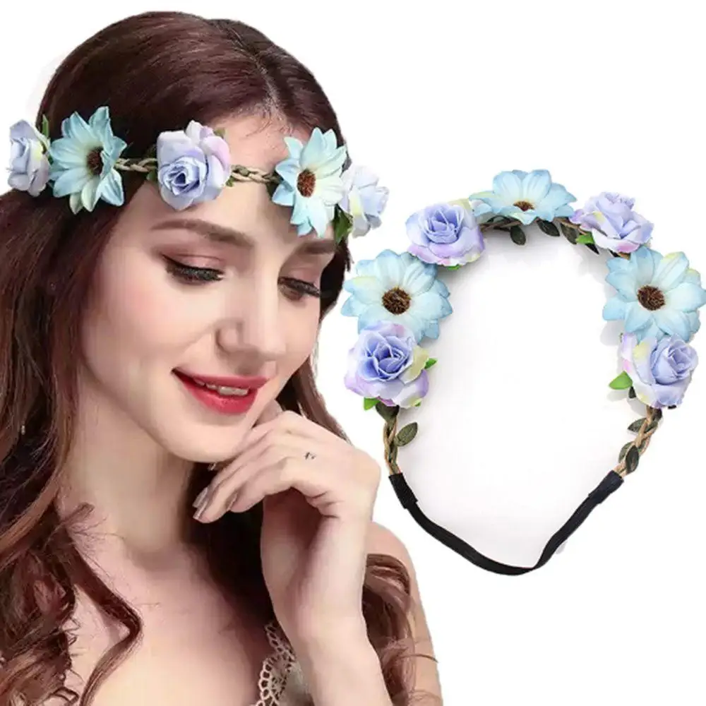 Fashion Women Bride Flowers Headband Bohemian Style Rose Flower  Crown Hairband Beach Headwear New Fashion 2021