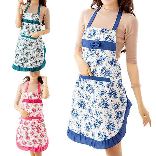 Women Lady Dress Restaurant Home Kitchen Cooking Cotton Apron Bib Floral Pattern