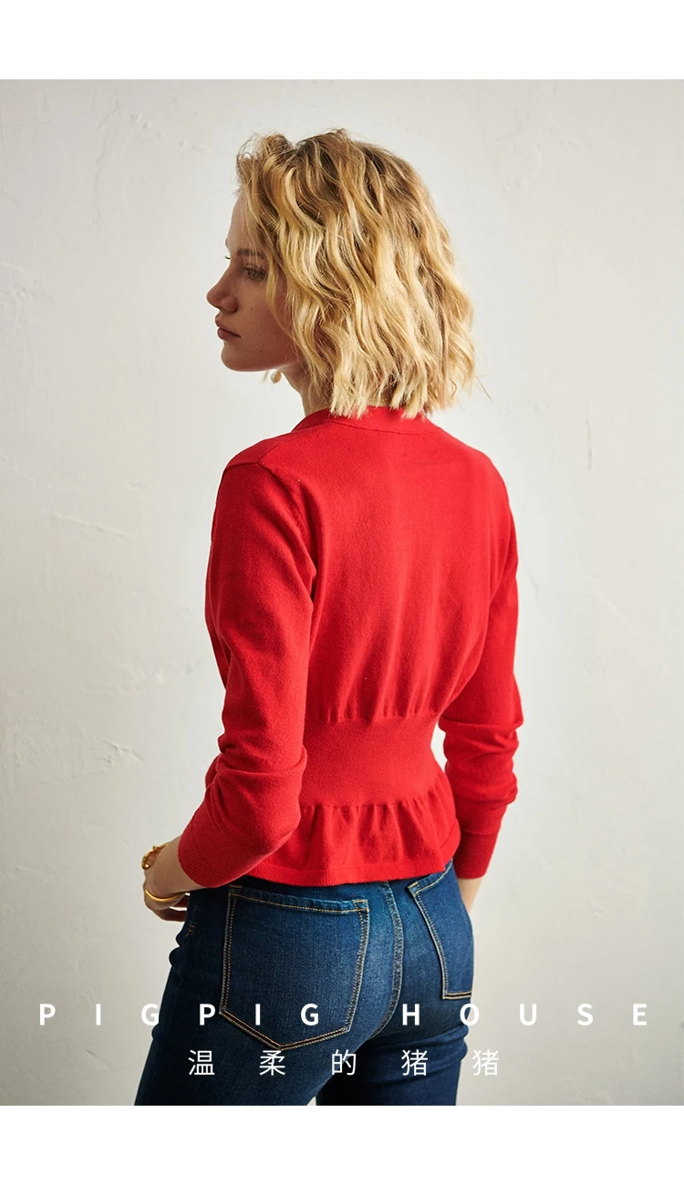 Autumn Women red Lace Up Waist Cardigans Women Deep V Neck Cropped Cardigan soft sweater Drop Shoulder Ribbed Knit Cardigan