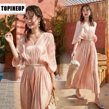 

New fairy style Sexy V-necked solid pleated dress embroidered Slim waist women dresses