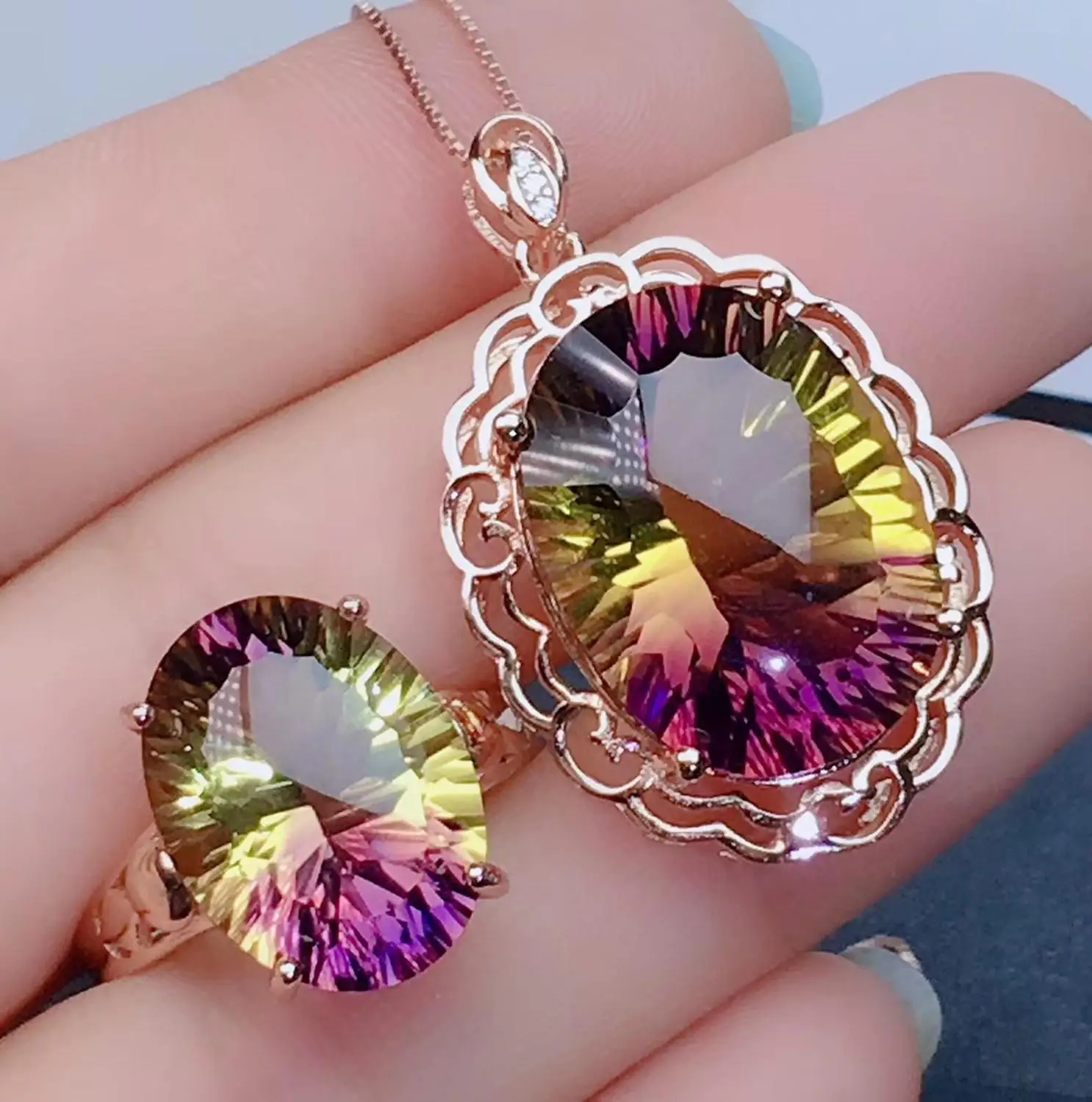 Natural Ametrine Quartz Purple Yellow Faceted Pendant 20x15mm Ring 16x12mm Women Gift One Set AAAAAA | Украшения и аксессуары