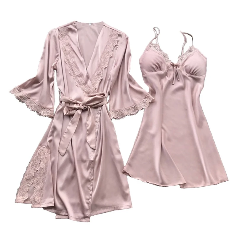 

Women Pajamas 2 Pieces Satin Sleepwear Pijama Silk Home Wear Home Clothing Embroidery Sleep Lounge Pyjama with Chest Pads