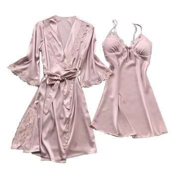 

Women Pajamas 2 Pieces Satin Sleepwear Pijama Silk Home Wear Home Clothing Embroidery Sleep Lounge Pyjama with Chest Pads