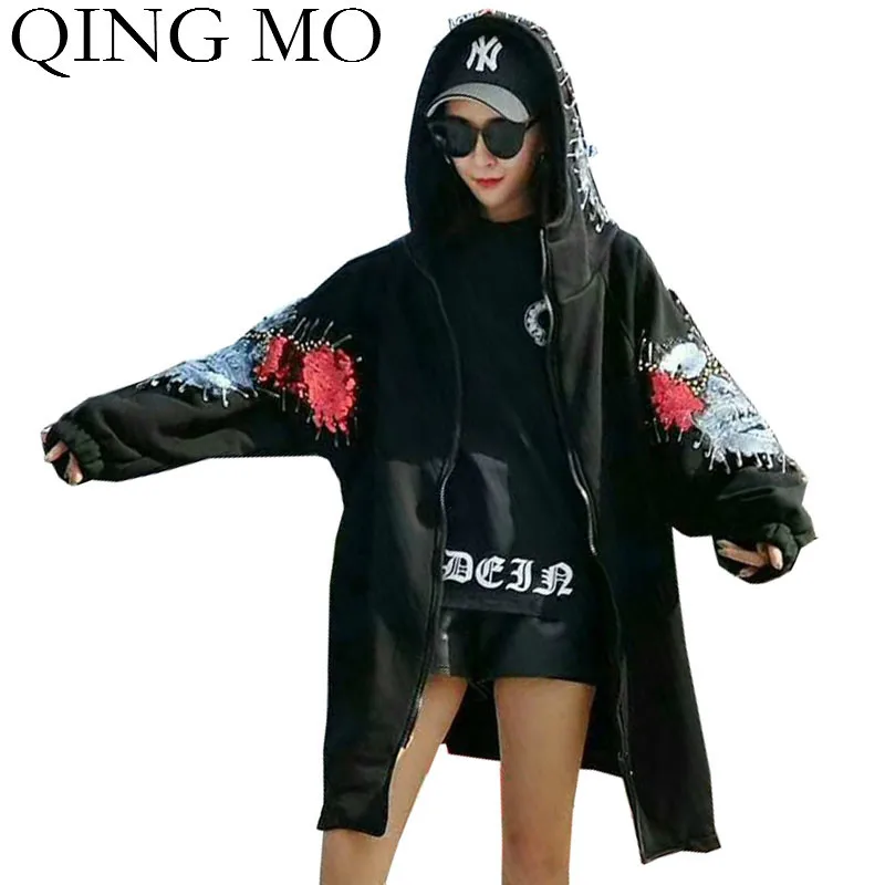 QING MO черное зимнее женское пальто с капюшоном 2019 женский толстый теплый Тренч