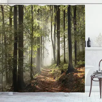 

Forest Shower Curtain, Autumnal Forest Pathway in The Mountains with Mist in The Distance Wilderness Scene, Cloth Fabric