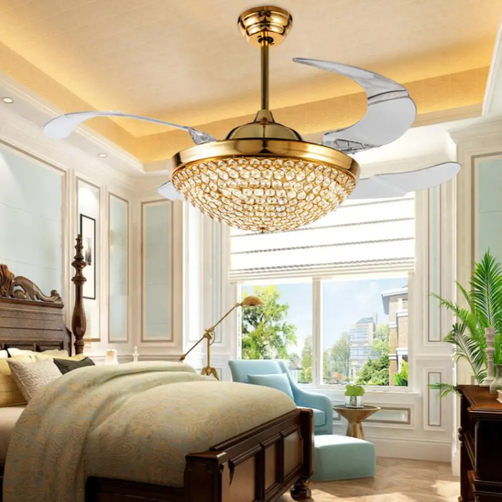

42” Crystal Ceiling Fan Light with Retractable Blades Remote Control LED Chandelier Fan 3 Speeds 3 Colors Changes Lighting