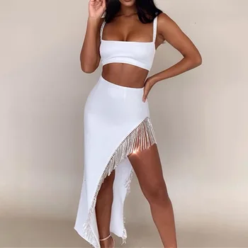 

Adogirl Crystal Tassel Two Piece Set Dress Solid White Diamonds Spaghetti Straps Crop Top Maxi Asymmetrical Skirt Fashion Dress