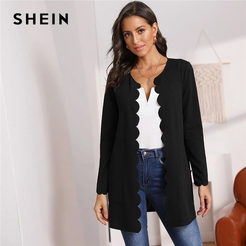 Best  SHEIN Round Neck Solid Open Front Scallop Trim Elegant Coat Women 2019 Autumn Long Sleeve Office La