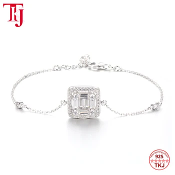 

TKJ 925 Sterling Silver Bracelets Baguette CZ Zircon Sparkling Bangles for Women Adjustable Link Chain Bracelet Fine Jewelry
