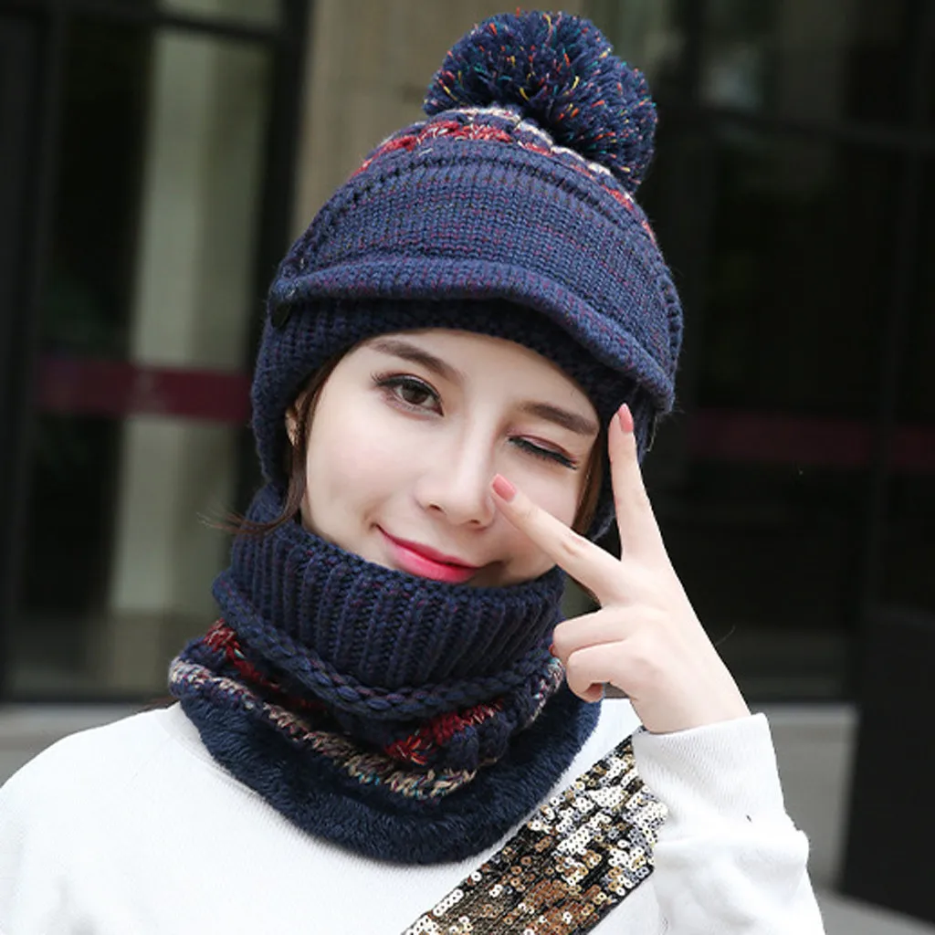 Женский зимний теплый Skullies Beanie+ мягкий шарф, комплект из двух предметов, зимняя утолщенная шапка, Женские ветрозащитные вязаные шапки, грелка для шеи