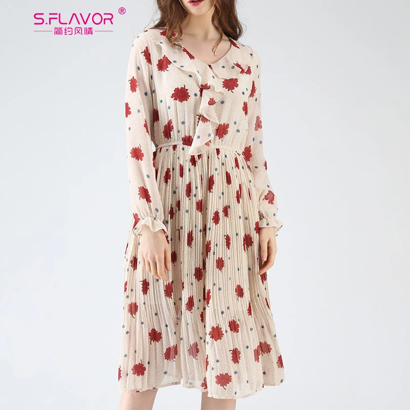 

S.FLAVOR 2019 Fashion Chiffon Dress Ruffle V Neck Women Print Boho Beach Dresses Long Sleeve A-line Elastic Waist Party Vestidos