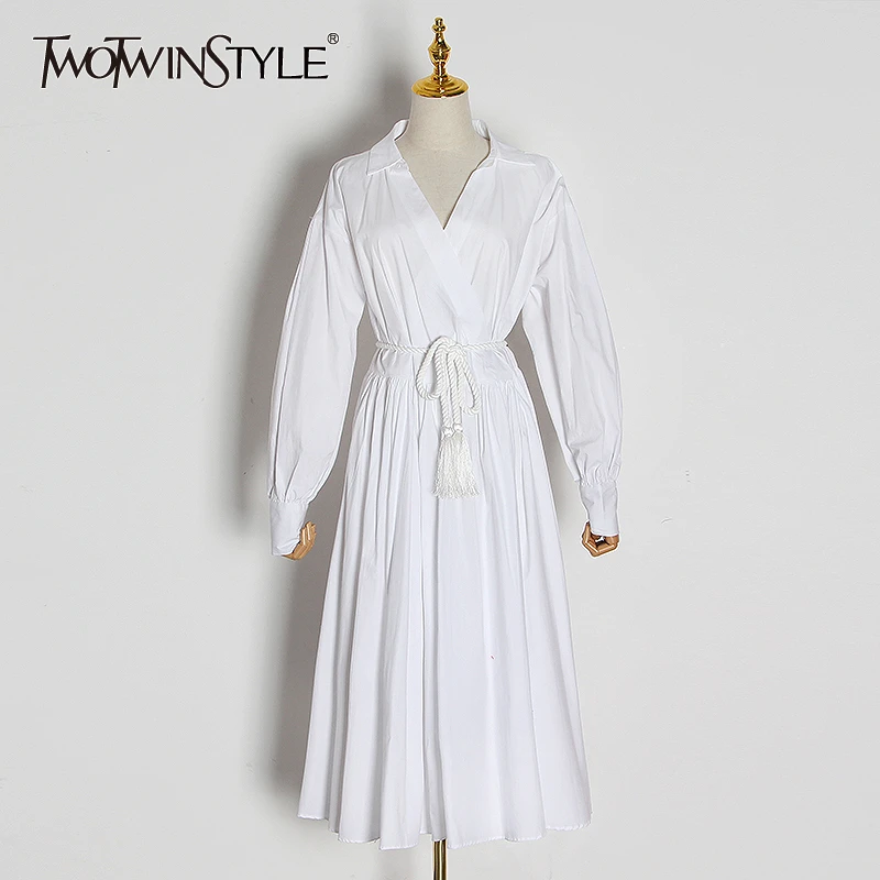 

TWOTWINSTYLE Casual Pleated Dresses For Female Lapel Collar Lantern Long Sleeve High Waist With Lace Dress Women Clothes Fashion
