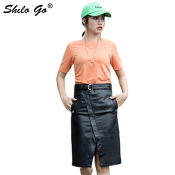 

Genuine Leather Skirt Office Lady Buckle Belted Slit Hem Knee Length Skirts Women Autumn Casual Workwear Pocket Pencil Skirts