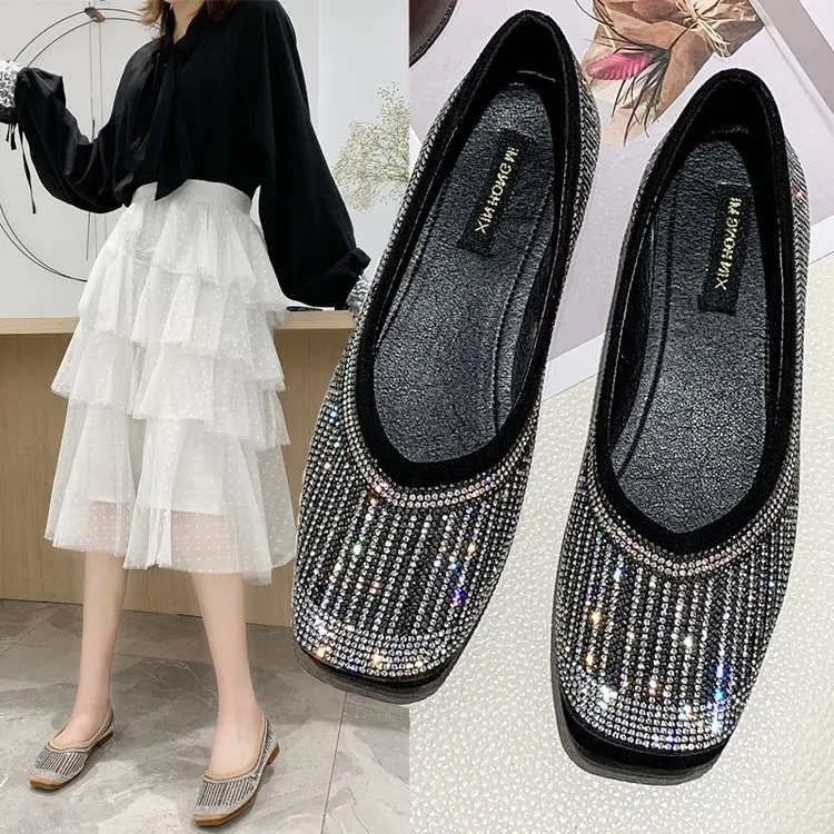 

2020 Spring New Style Online Celebrity Shoe Square Head Low-Cut Versatile Flat Keel Thin Shoes Fairy Man-made Diamond