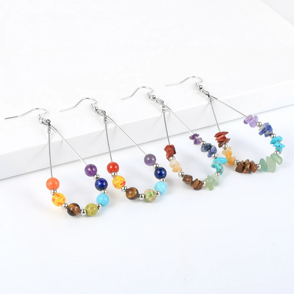 Women Natural Stone 7 Chakras Beads Dangling Earring Healing Reiki Asymmetric Chip Gravel Pierced Earrings Hoops Hanging Jewelry